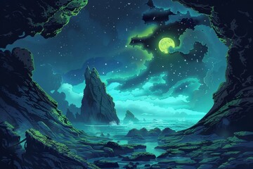 Wall Mural - A moonlit view of a rocky ocean coastline with a large moon and a starry sky