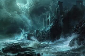 Wall Mural - A crumbling stone castle stands on a rocky cliff as stormy waves crash against the shore