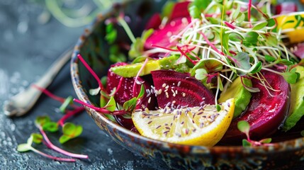 Beetroot, Avocado, and Lemon Salad with Microgreens and Sesame Seeds