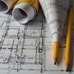 Wall Mural - Blueprint floor plan architectural project on the table with yellow helmet and pencil
