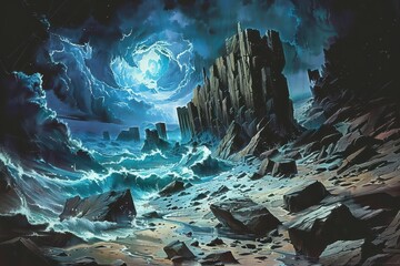 Wall Mural - a dark and stormy seascape with a large glowing moon and towering rocky cliffs