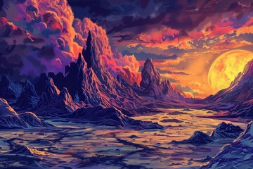 Wall Mural - A Striking Mountain Range Silhouetted Against a Vibrant Sunset Sky and a Large Full Moon