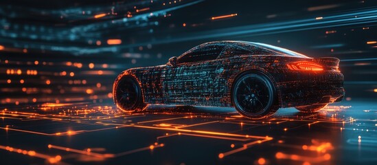 Wall Mural - abstract representation of data processing and scanning over a spinning car illustration on a dark b