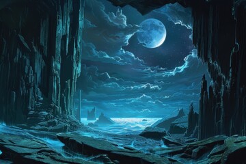 Wall Mural - a dark cave opening reveals a moonlit landscape with a large blue moon clouds and a rocky surface