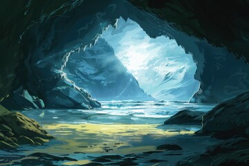 Wall Mural - A shadowy cave reveals a breathtaking view of a distant snowy mountain range and a tranquil sea