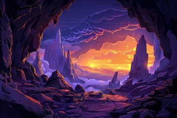 Wall Mural - A View From Within a Cave Reveals a Striking Sunset Over a Dramatic Mountain Range