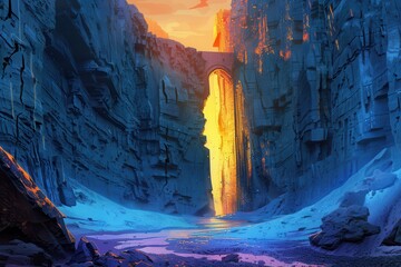 Wall Mural - A glowing canyon with a bridge leading to a bright light