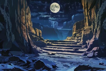 Wall Mural - a moonlit path winding through a canyon with a distant view of the night sky