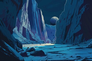 Wall Mural - a desolate alien landscape with tall jagged rock formations surrounding a moonlit canyon