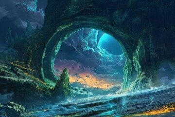 Wall Mural - A glowing rock formation frames a view of a distant planet and a vibrant sky