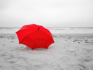 Wall Mural - Red Umbrella on Sandy Beach