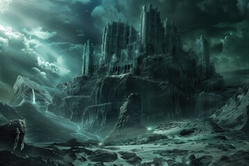 Wall Mural - A haunting castle perched high on a rocky cliff under a stormy sky