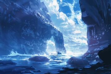 Wall Mural - A fantastical landscape with towering rock formations framing a vast expanse of water and sky