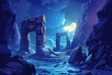 Wall Mural - a mystical landscape with rock formations illuminated by a full moon