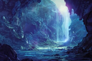 Wall Mural - A majestic waterfall cascades down a rocky cliff illuminating a hidden cave with ethereal light