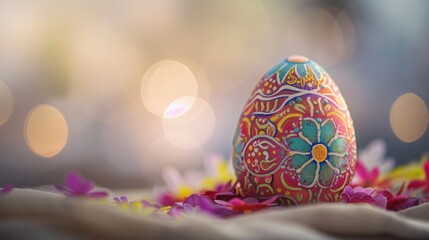 A beautifully adorned Easter egg rests among vibrant flowers, celebrating the joyful colors of spring in a light and cheerful atmosphere