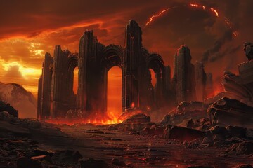 Wall Mural - A fiery sunset casts an orange glow over a ruined archway in a volcanic landscape