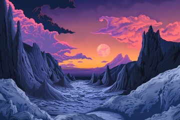 Wall Mural - A majestic view of a desolate alien landscape with a glowing moon and dramatic clouds