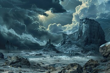 Wall Mural - a dramatic landscape with towering rock formations under a stormy sky