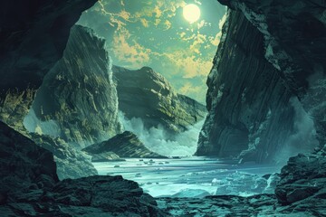 Wall Mural - A view of a misty mountain valley seen through a cave entrance