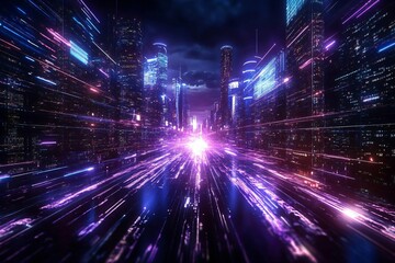 Wall Mural - a vibrant futuristic cityscape with neon lights, showcasing dynamic movement and energy, perfect for