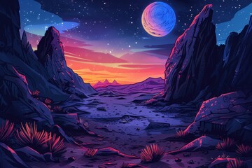 Wall Mural - a surreal landscape with tall rock formations and a glowing planet in the night sky