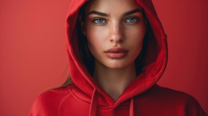 Wall Mural - A beautiful female model poses confidently in a red hoodie, exuding urban streetwear vibes against a striking red backdrop