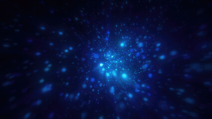 Wall Mural - Abstract bright blue glowing background with flying dots circles bokeh energy particles and light rays