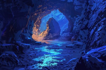 Wall Mural - A blue cave entrance with a stream flowing through it illuminated by an ethereal light