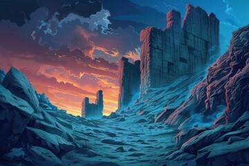 Wall Mural - A depiction of a desolate landscape with crumbling ruins under a striking sunset