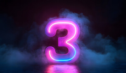 abstract background with neon numbers and clouds design, number three glowing in the dark with colorful smoke design