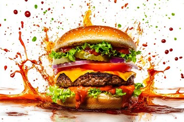 Wall Mural - A hamburger with a lot of splashing paint on it