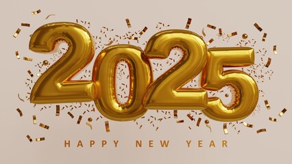 Wall Mural - happy new year 2025 foil balloons 3d rendered illustration. happy 2025 in gold foil balloon