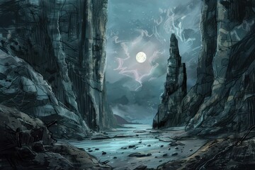 Wall Mural - a moonlit scene with towering cliffs and a river flowing through a quiet valley