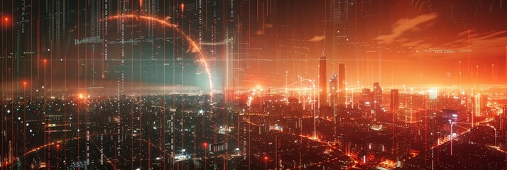 Wall Mural - Futuristic Cityscape with Digital Overlay - A futuristic cityscape with glowing lights, towering buildings, and a digital overlay symbolizing technology, innovation, progress, connectivity, and the fu