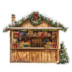 Christmas market stall, festive scene, isolated on Transparent background cutout.