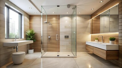 Wall Mural - Serene Minimalist Sanctuary: A Modern Bathroom with a Walk-in Shower and Expansive Mirror  AI Generated