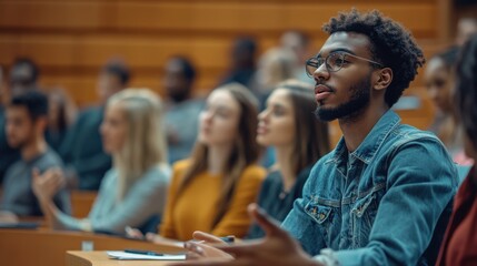 university students engaging in a lively debate in a lecture hall, the professor moderating and enco