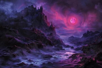 Wall Mural - A Majestic Castle Perched High Upon A Mountain Range Bathed in the Glow of a Crimson Moon