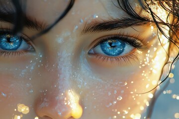 ethereal animestyle portrait of a japanese girl with captivating blue eyes surrounded by shimmering sea spray and golden sunlight dreamy romantic atmosphere with soft colors