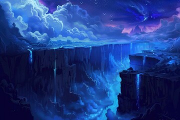 Wall Mural - A Majestic Waterfall Cascades Over a Cliff in a Dreamlike Landscape Under a Starry Night Sky