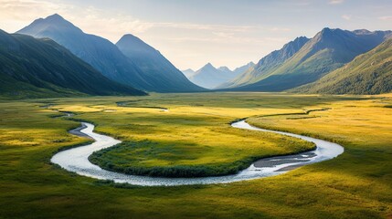 Poster - Winding River in Mountain Valley at Sunset.