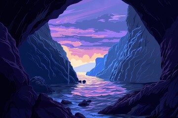 Wall Mural - A View of the Sea Through a Rocky Inlet at Sunset