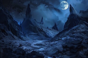 Wall Mural - a nighttime landscape with a full moon shining on rugged mountains