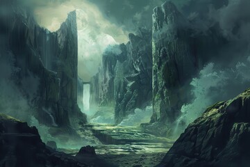 Wall Mural - eerie green mountain pass with a full moon in the distance