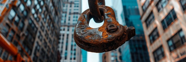 rusty chain link against urban skyline - a close-up shot of a rusty chain link hanging against a bac