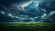 © Eddy Drmwn - Empty football field at night with dramatic stormy sky and bright spotlights.