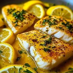 Wall Mural - a close up of a pan of fish with lemon slices and parsley