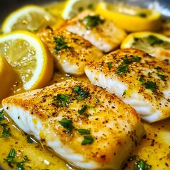 Wall Mural - a close up of a plate of fish with lemon slices and parsley
