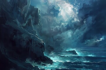 Wall Mural - A Moonlit Seascape with Rugged Cliffs and Crashing Waves